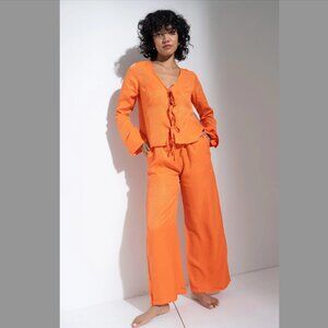 Be Idle  - Tie Front Top & Drawstring Bottom Pajama Lounge Set in Tangerie 2X/3X